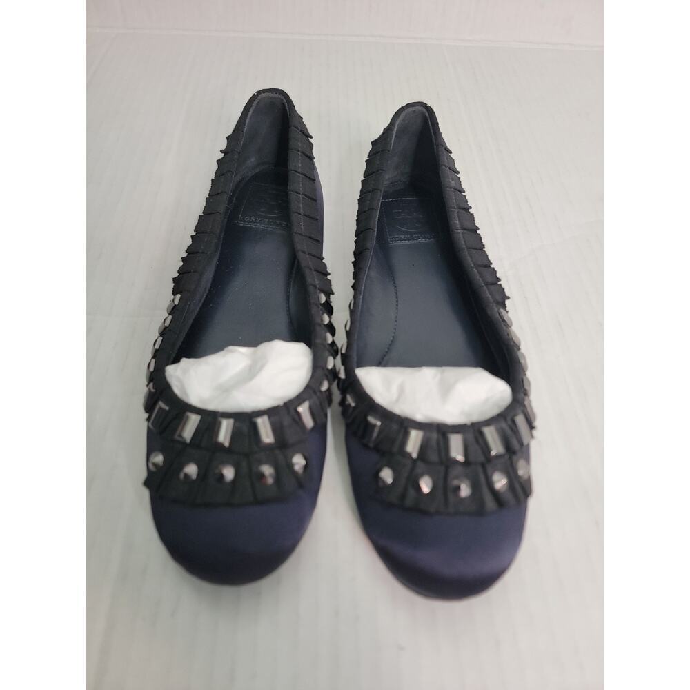 Tory Burch Ballet Flat Size 10M Erin Grosgrain Ribbon Studded Satin Navy Black